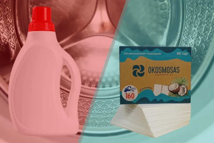 folyékony mosószeres flakon és ökosheet okosmosás mosólapok dobozokkal